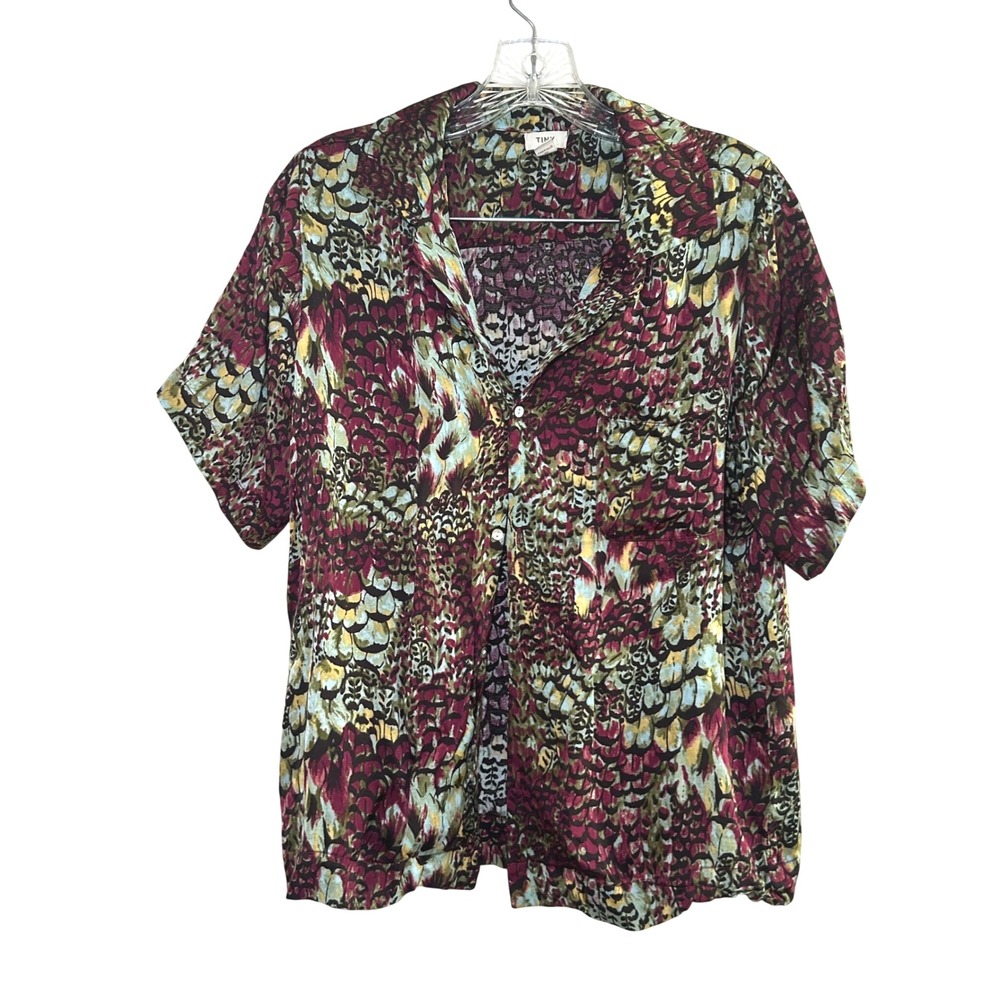 Tiny Anthropologie Blouse Top Medium Feather Print Button Down Short Sleeve boho